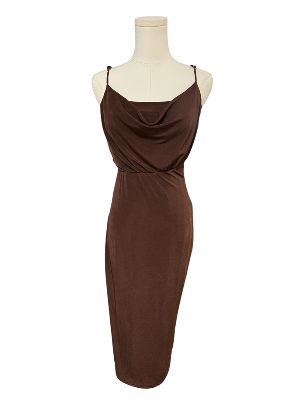 NWT Le Lis Ava Chocolate Brown Cowl Neck Bodycon Midi Dress | Size S